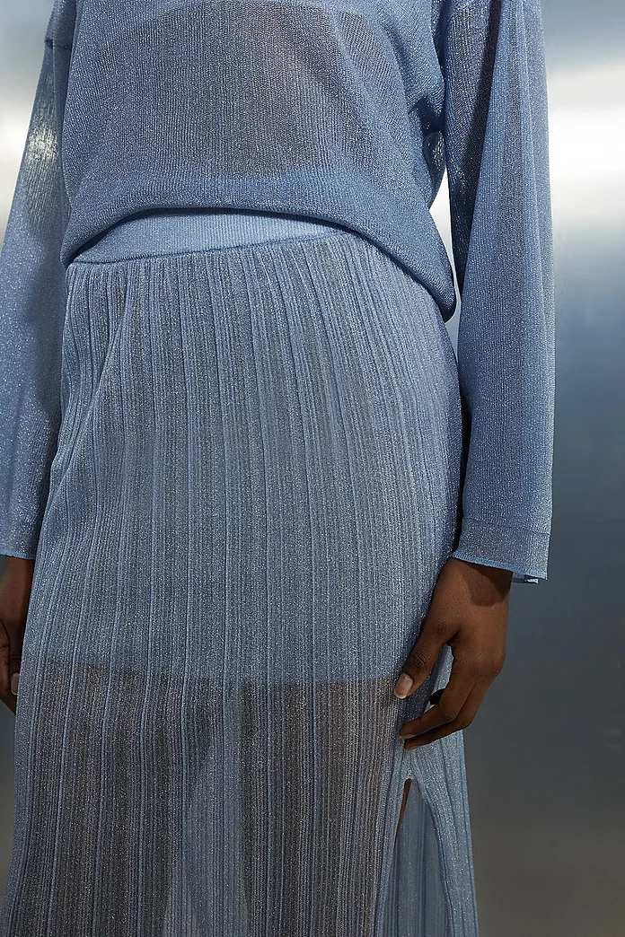 Semi-Sheer Metallic Thread Split Detail Knit Skirt | Karen Semi-Sheer Metallic Thread Split Detail Knit Skirt | Karen